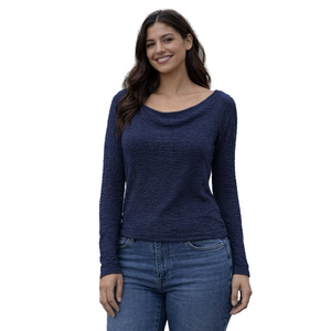 ICHI Navy Textured Long Sleeve Top with silicone strip NWT size small